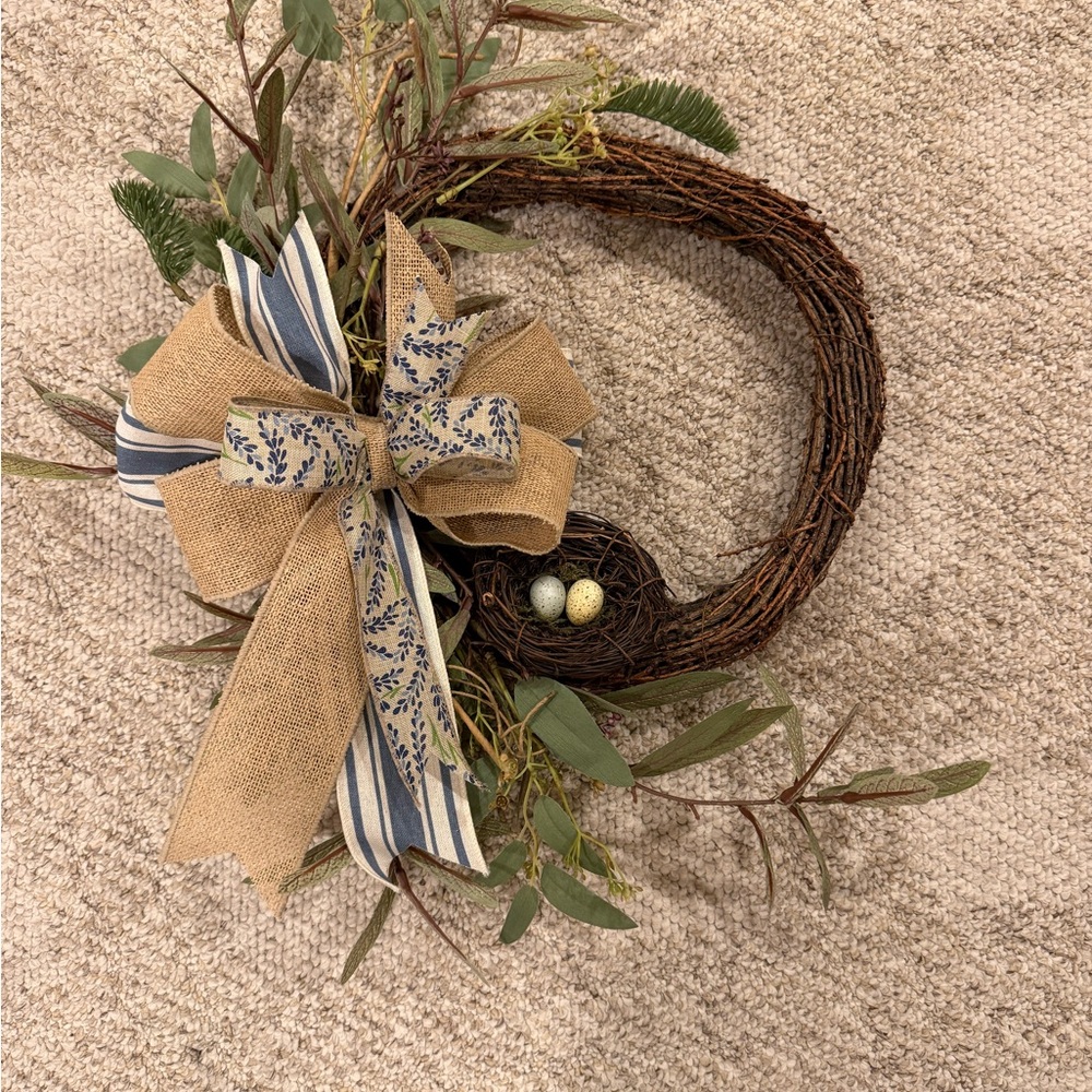 Burlap & Blue Stripe Grapevine Holiday Wreath with Nest Accent